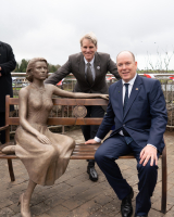 16 March 2023 HSH Prince Albert II of Monaco and his first cousin JB Kelly from Philadelphia at the unveiling of the sculpture of Princess Grace in Newport, county Mayo. Photo credit: Edward Reid